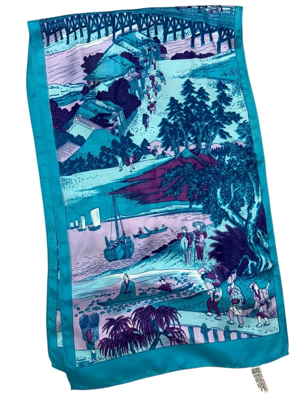 Vintage Asian Scenic Silk Blend Scarf Blue Purple Fishing Town Landscape Scene